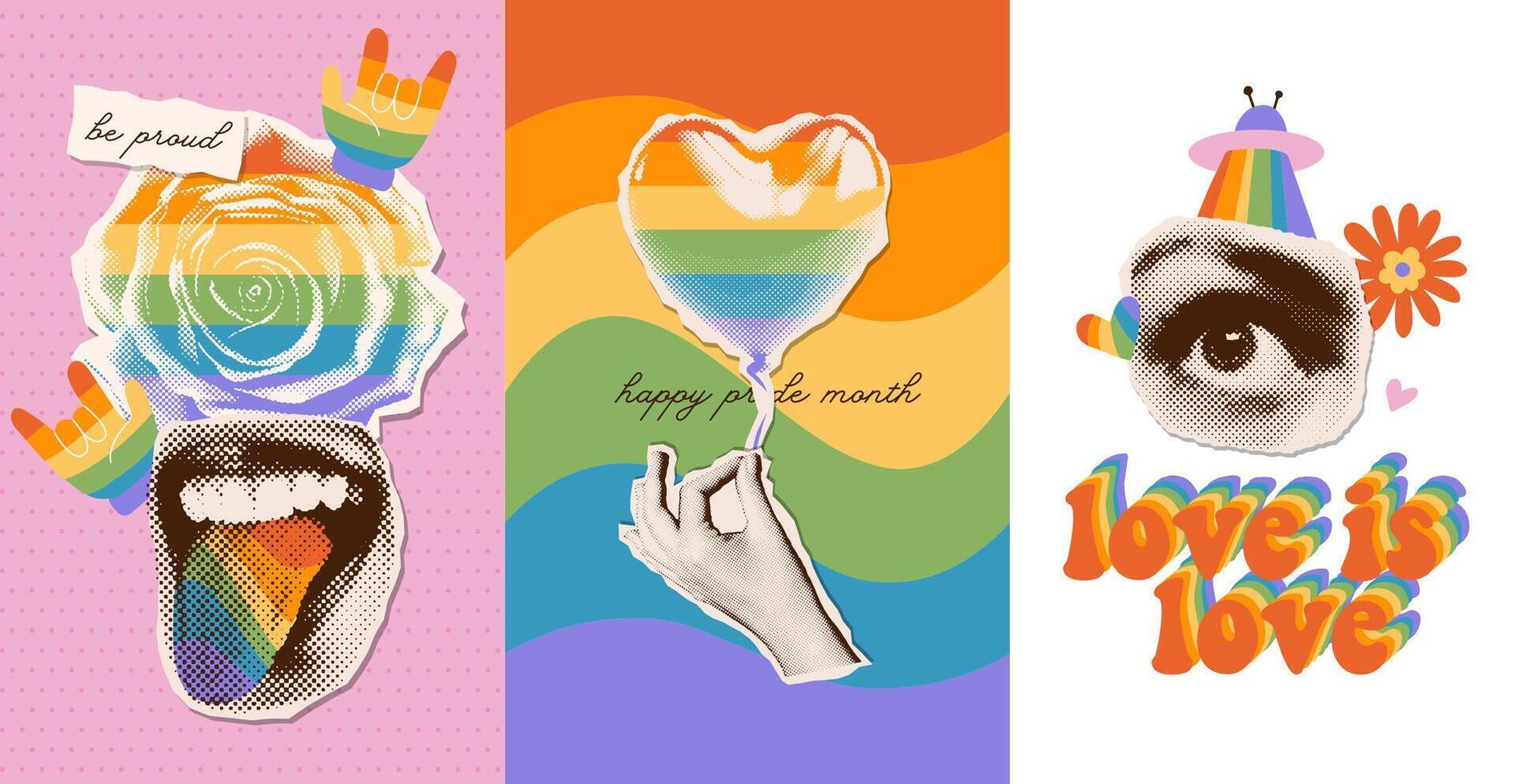 Pride month greeting cards set. Retro halftone collage in contemporary groovy hippie style. Concept of lgbt, pride, love, human rights. Modern posters with dotted mouth, roses in colors of flag vector