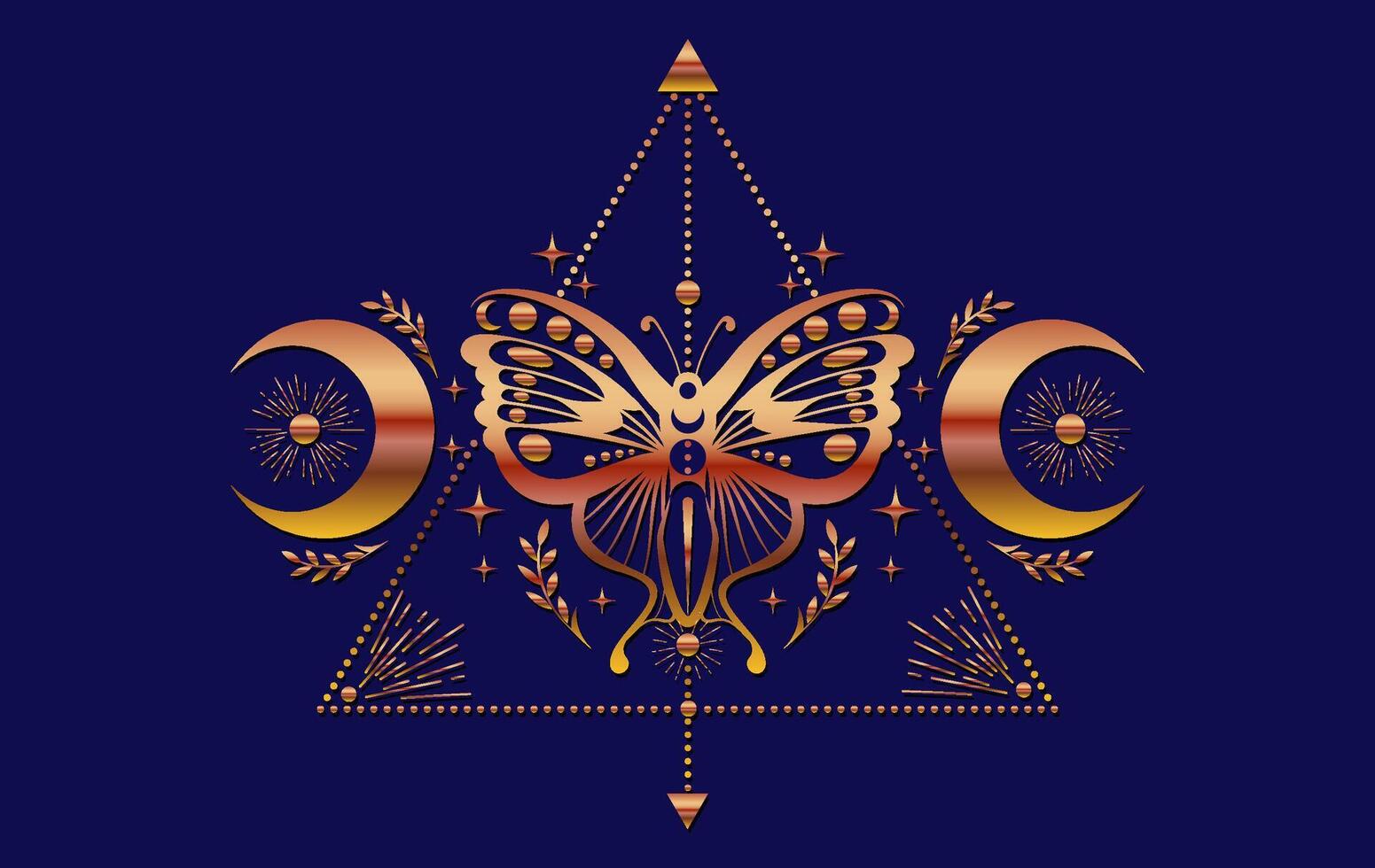 Mystic gold moth, magic butterfly and crescent moon, sacred symbols for witchcraft, occult, esotericism, print, poster. colorful pagan magical seal isolated on blue background vector