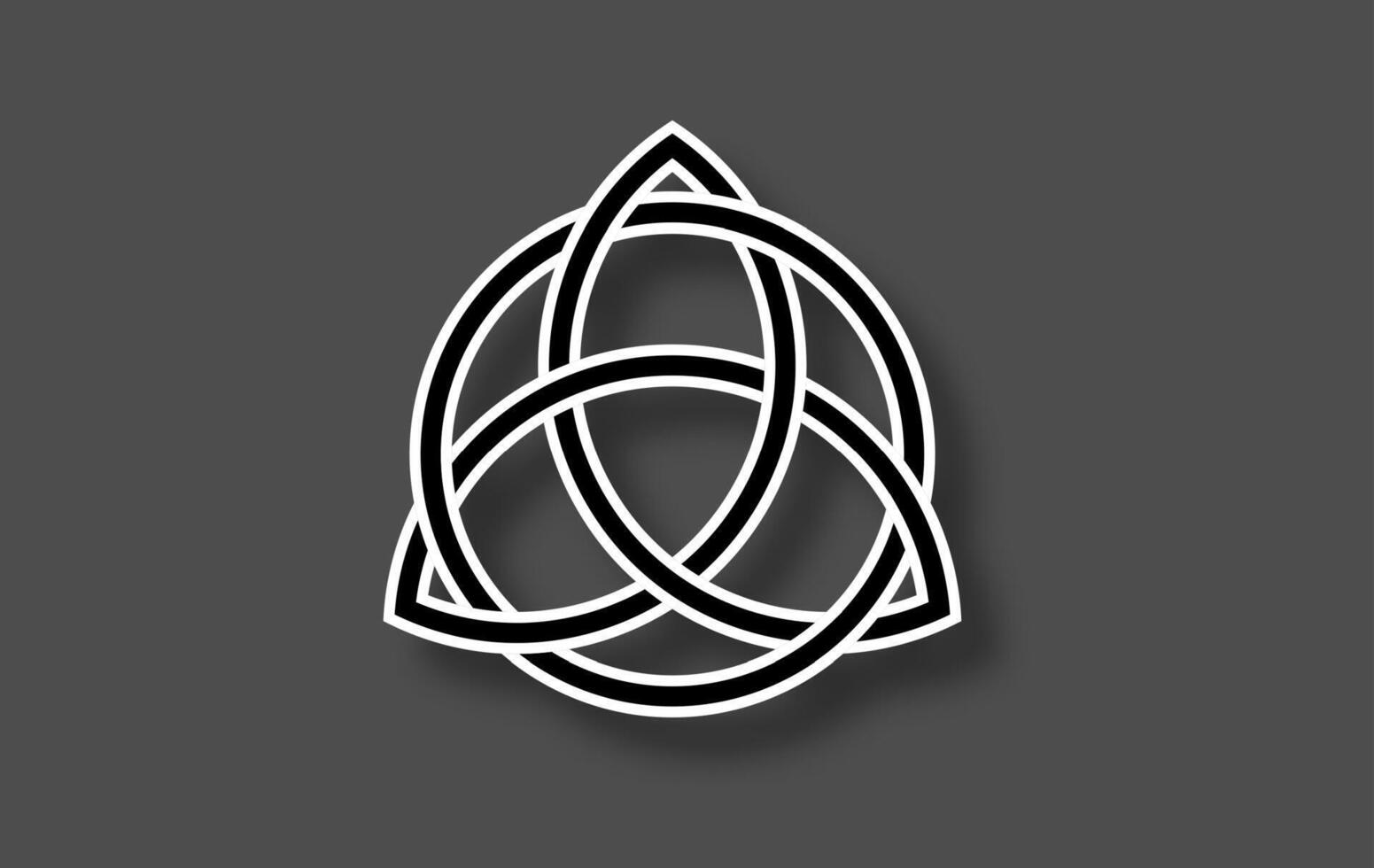 Triquetra geometric logo, Trinity Knot, Wiccan symbol for protection. black and white Celtic knot isolated on gray background. Wicca divination symbol, ancient occult sign vector