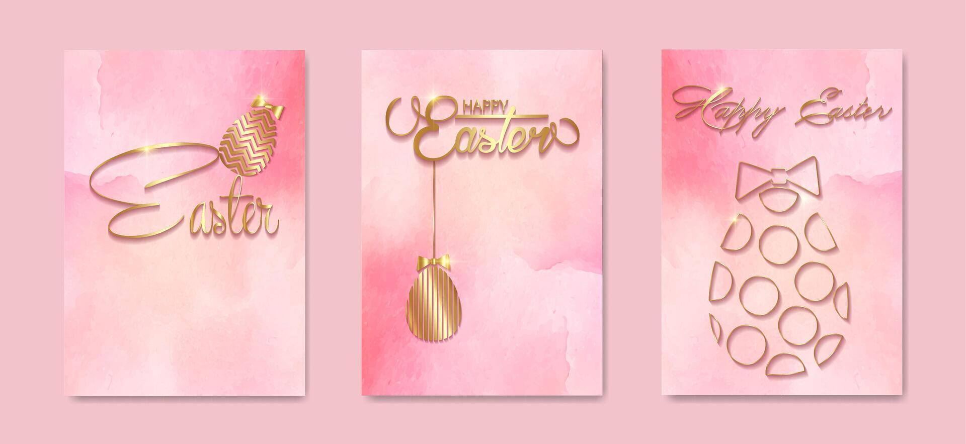 set card Happy Easter gold texture, luxury pink watercolor background. Easter holiday invitations templates collection with hand drawn lettering and gold easter eggs. fashion illustration vector