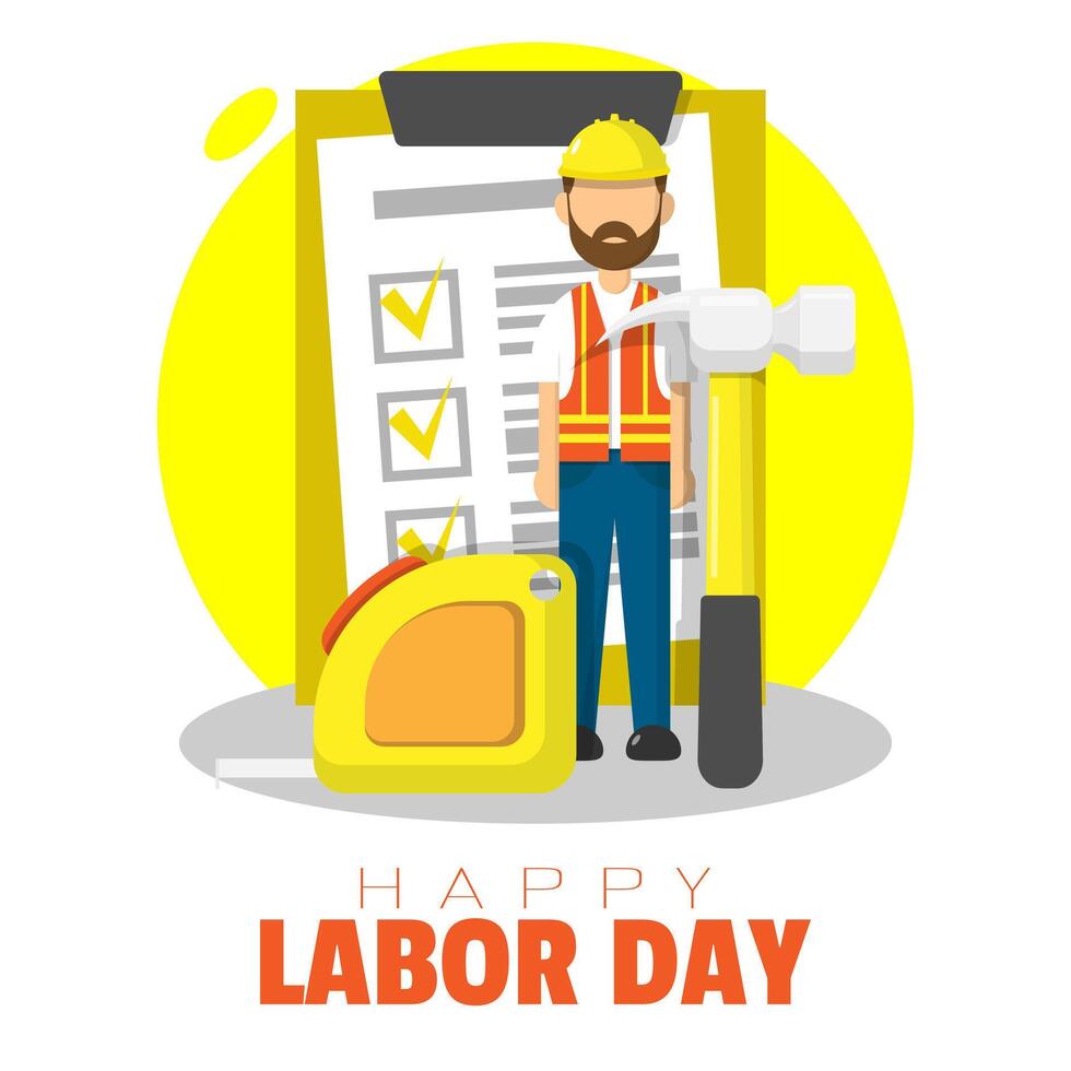 Happy Labor Day poster with a construction worker and some construction equipment vector
