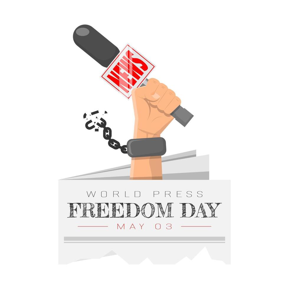 World Press Freedom Day poster with microphone in hand and broken handcuff chain vector