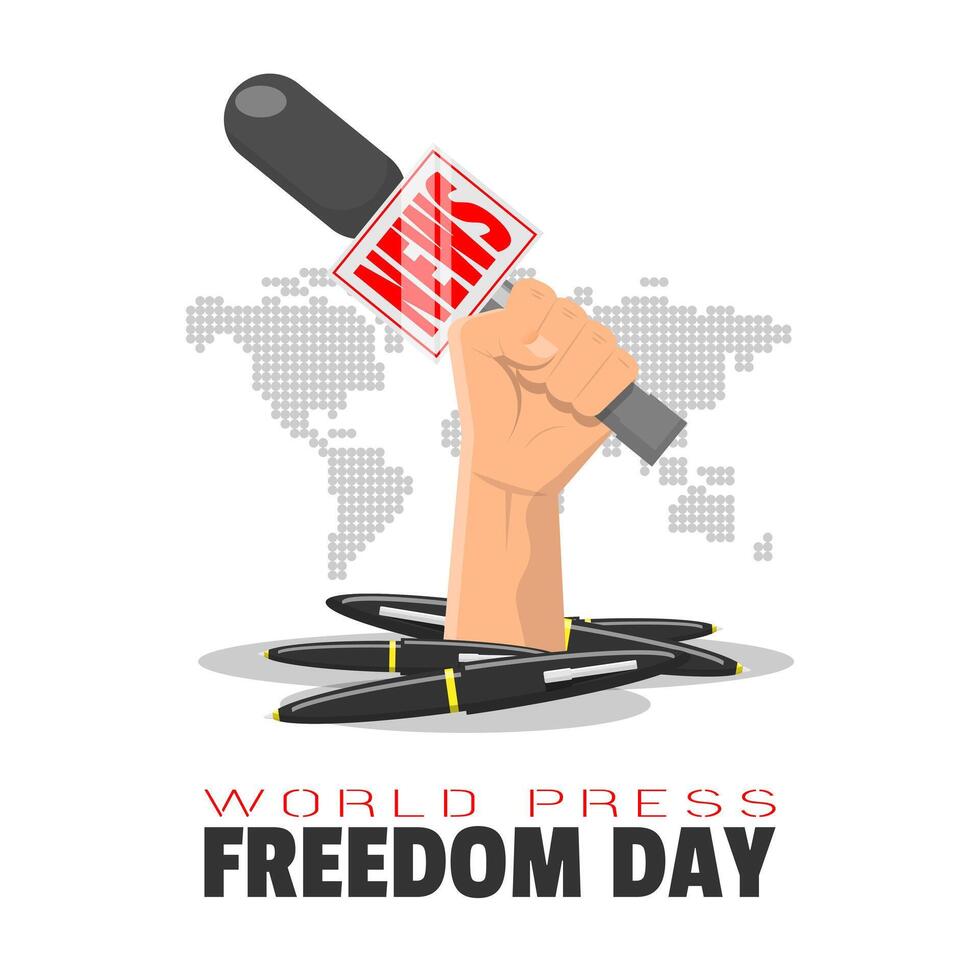 World Press Freedom Day poster with a hand holds a microphone among a pile of pens vector