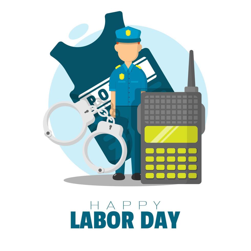 Happy labor Day poster with a policeman and police equipment vector