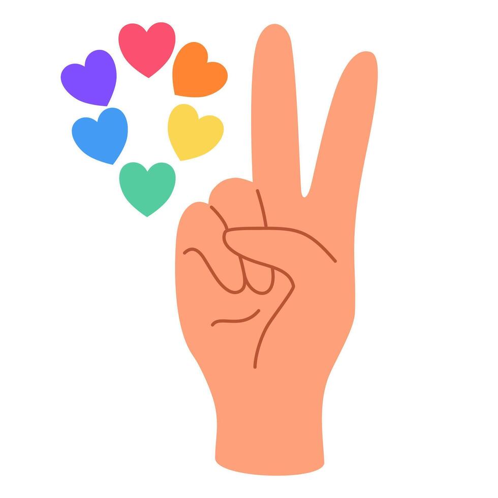 LGBT hand in peace with heart isolated on white background. LGBTQ. Symbol of the LGBT pride community. Rainbow. hand draw illustration vector