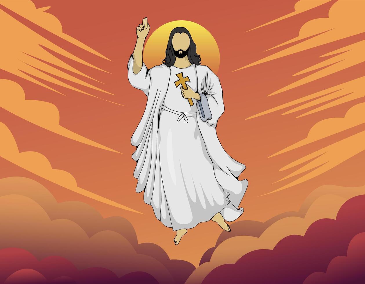 Hand drawn illustration of Jesus flying in the cloud sky vector