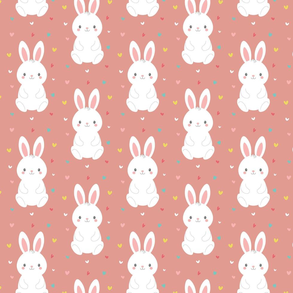 Cute pattern featuring white rabbits, with small colorful hearts interspersed throughout. Seamless pattern with bunny rabbit cartoons, cute colorful hearts, illustration vector