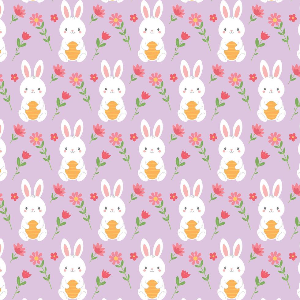 Pascua de Resurrección patrón, blanco Conejo participación un naranja huevo con rosado y rojo flores en un ligero púrpura antecedentes. Pascua de Resurrección sin costura modelo con vistoso flores y conejitos vector