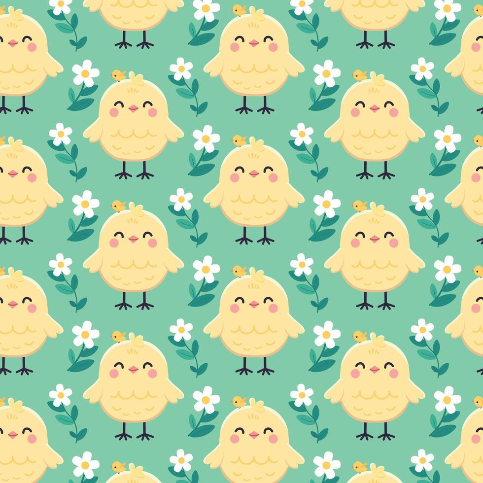 Pattern with adorable yellow chicks interspersed with white flowers, kids illustration. Easter chicks, background for poster, flyer, farm products package, book design, kids clothes vector