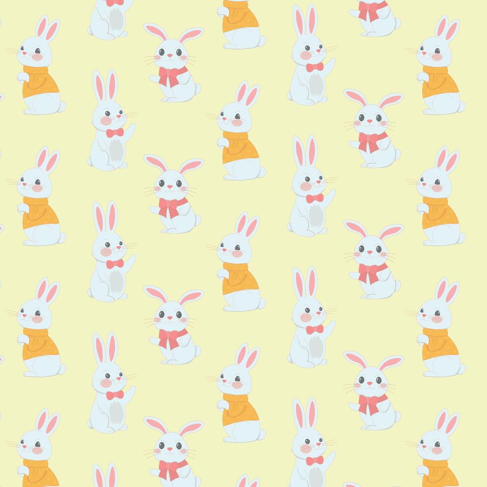 Playful and cute pattern featuring cartoon bunnies.Easter bunnies in different outfits and in different poses, pattern, isolated vector