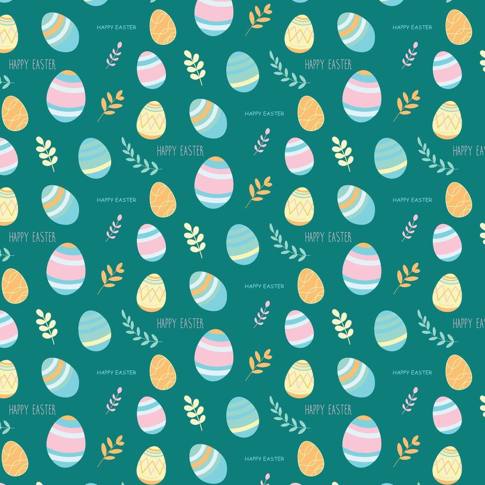 Hand drawn Easter pattern with plants and eggs on green background. Easter pattern with plants and eggs for fabrics, wrapping paper, or seasonal decorations vector