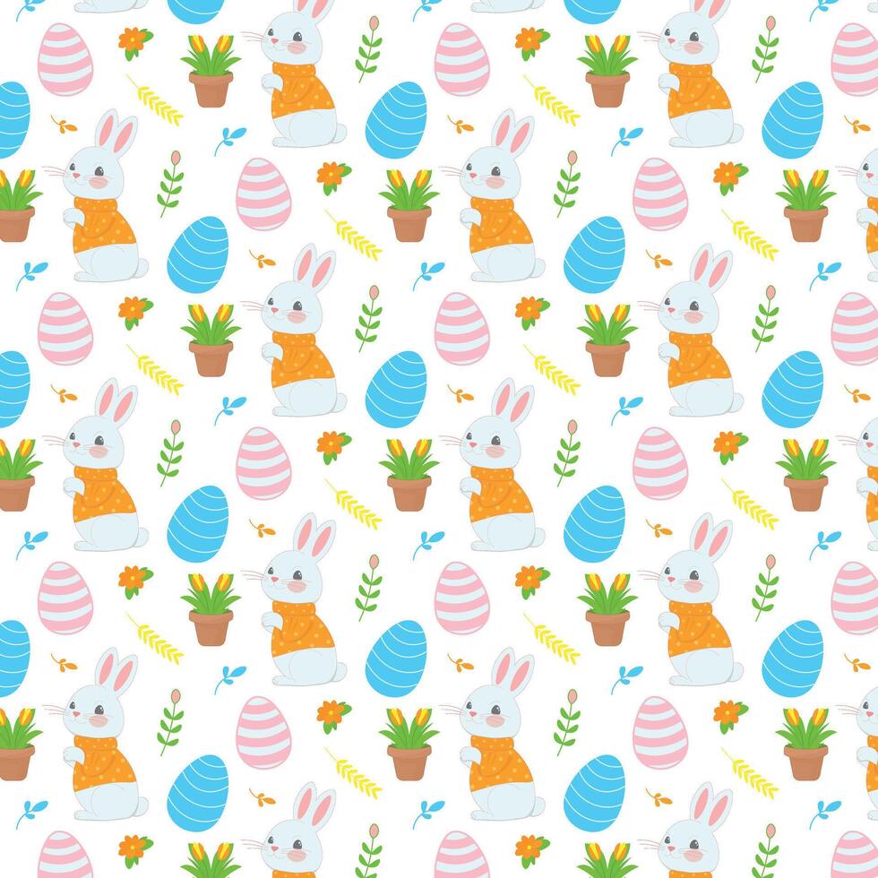 Easter-themed seamless pattern, adorable cartoon rabbits in orange shirts, stylized Easter eggs, and potted plants. Bright pattern on an Easter theme with a rabbit, eggs and plants vector