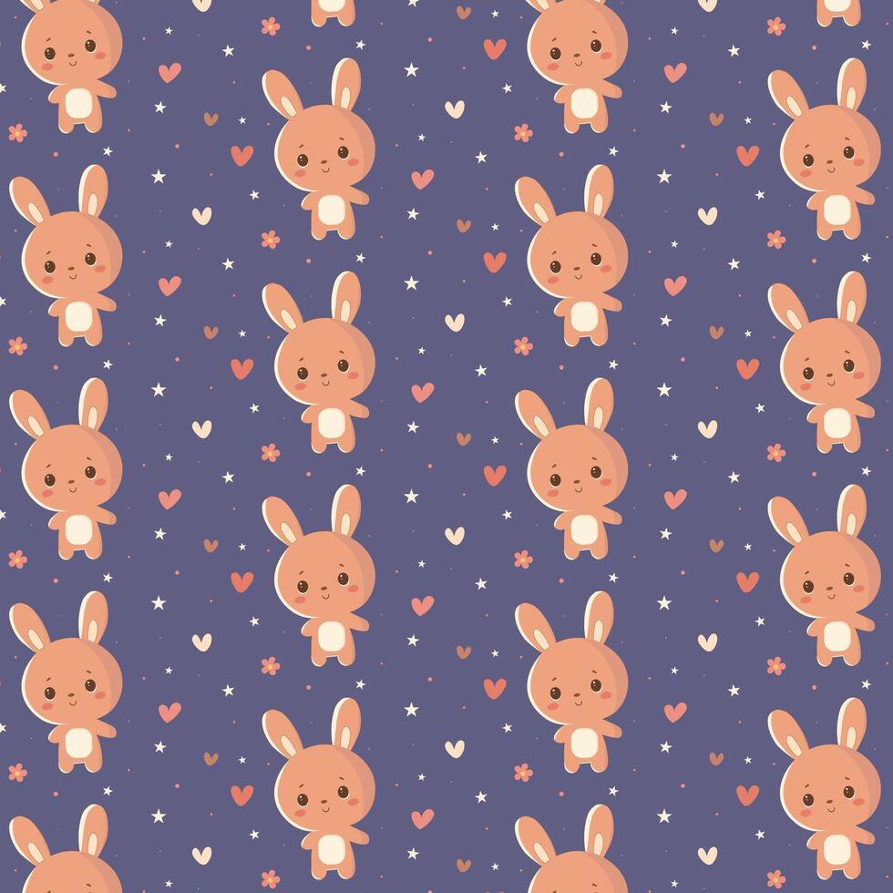 Flat design kawaii pattern featuring a cartoon hare surrounded by hearts and stars, perfect for printing on textiles. vector