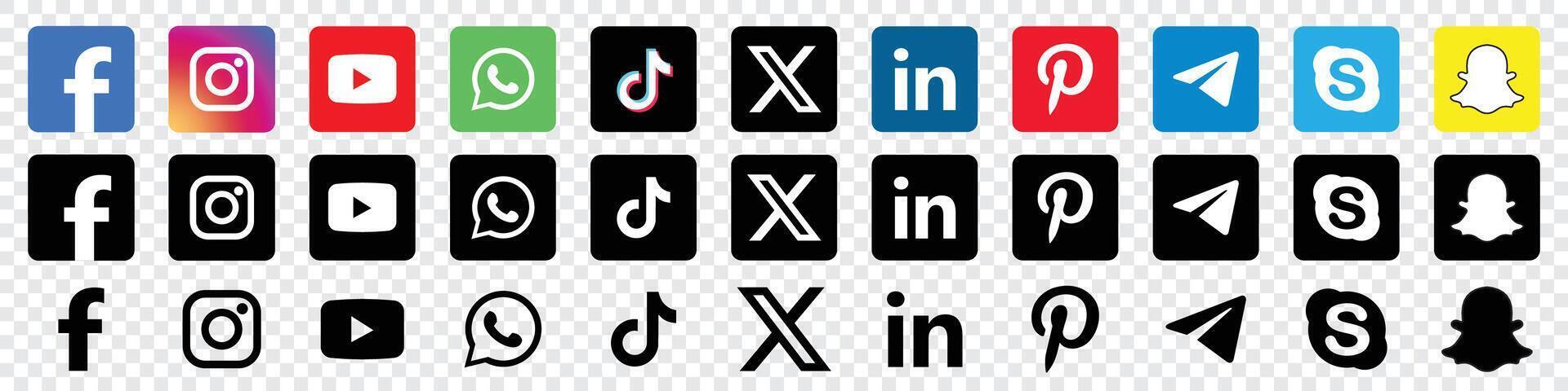 Social media icons. Realistic social media logotype collection. Set popular social media icons. Facebook, Instagram, YouTube, TikTok, Whatsapp, X and more vector