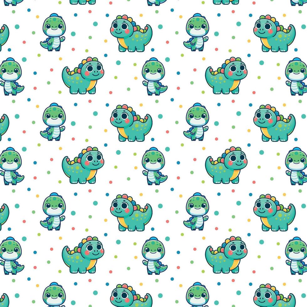 Colourful doodle jurassic pattern with cute dino. Seamless print with dinosaurs for baby textile and fabric. vector