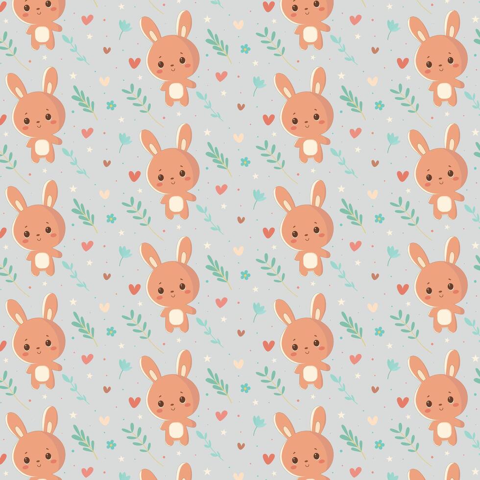 Seamless kawaii pattern with cartoon hare among flowers and plants in flat style, simple design, textile, design, print vector
