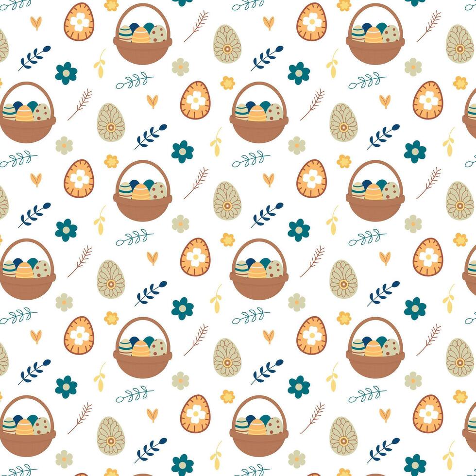 Hand drawn Easter pattern, Easter basket and eggs on a light background.Hand drawn pattern for Easter fabrics, wrapping paper, or seasonal decorations vector