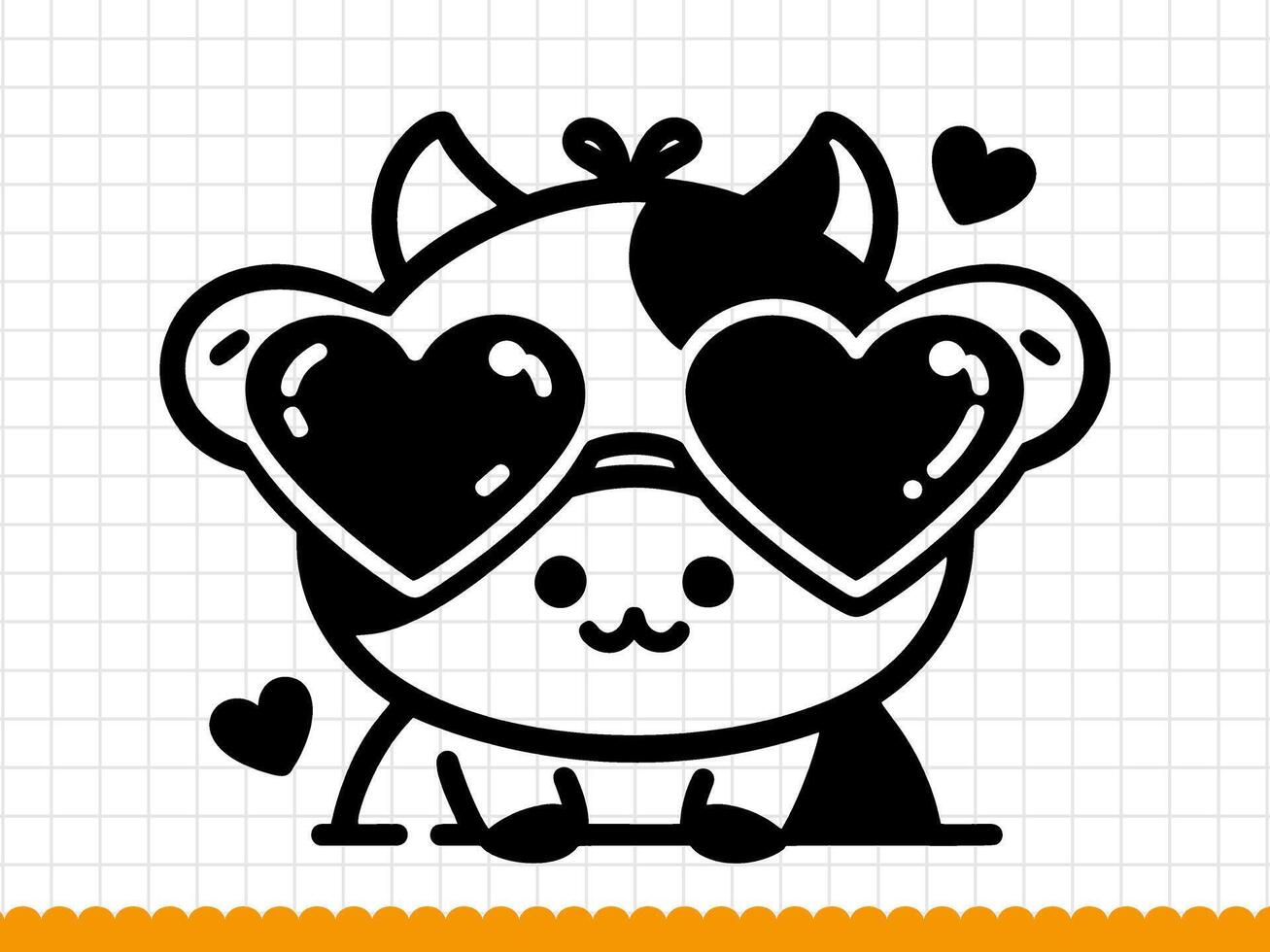 Cute cow doodle face in heart shaped glasses. outline illustration. vector