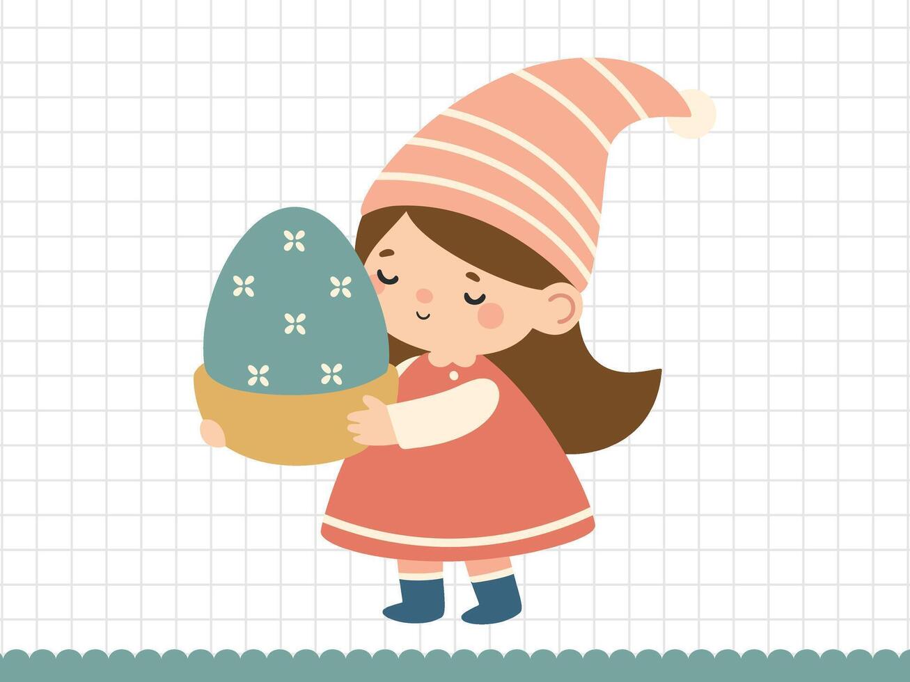 linda niña gnomo con huevo para Pascua de Resurrección y primavera vacaciones. ilustración. vector