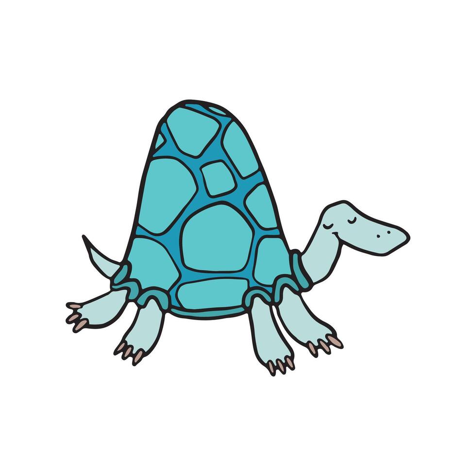 alegre dibujos animados Tortuga con un vibrante azul caparazón, ilustrado en un simple, entrañable estilo Perfecto para para niños libros y educativo contenido. vector