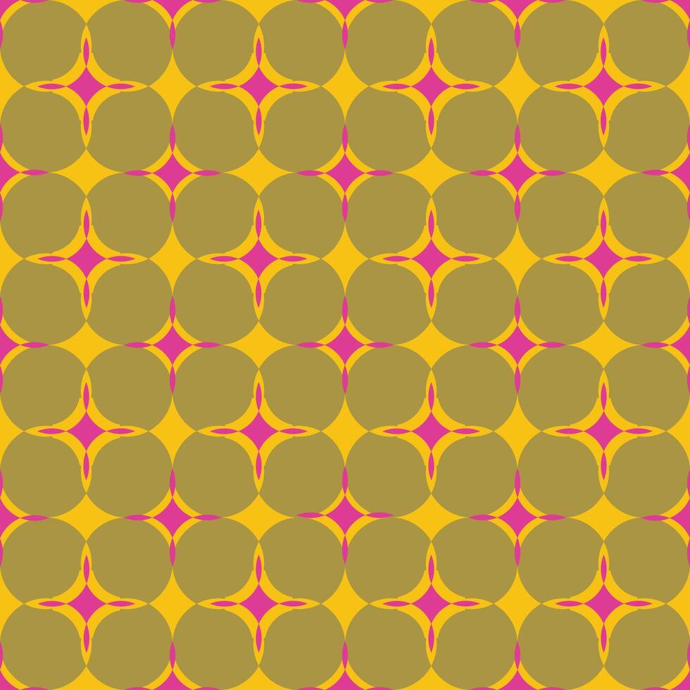 , seamless, geometric, classic, symmetrical pattern of 70s style. Khaki circles and magenta rhombus stars on a yellow background. vector