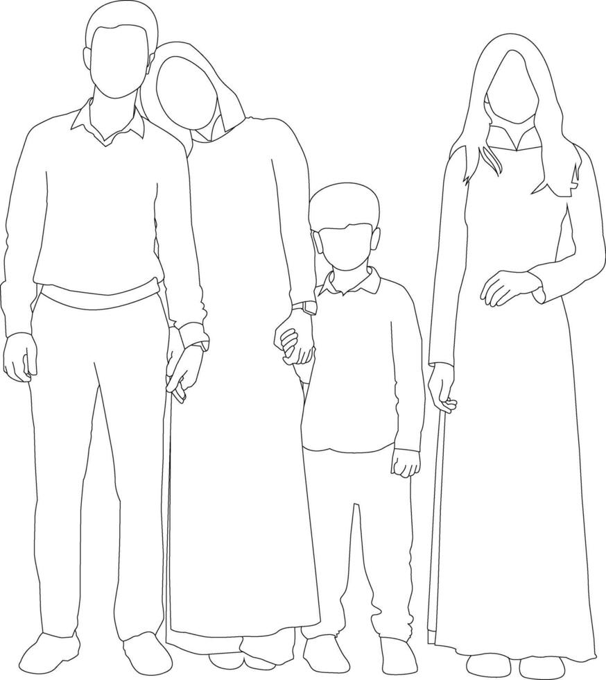 One line drawing family group and outline on white background vector