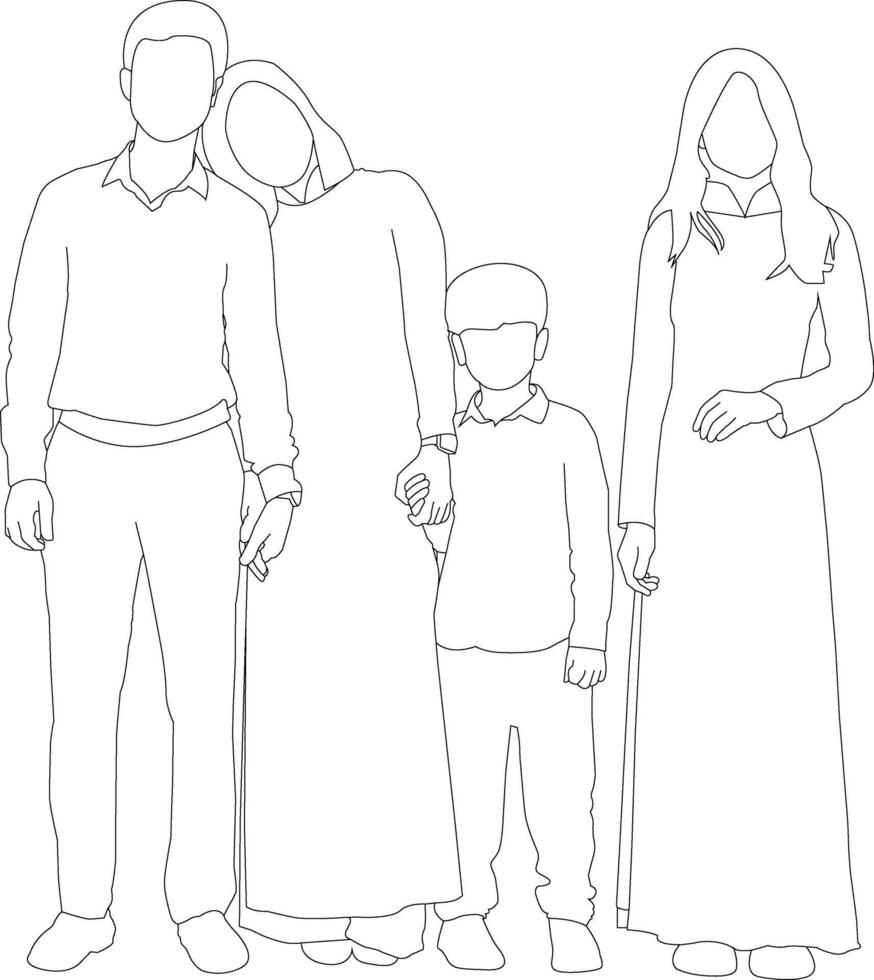One line drawing family group and outline on white background vector
