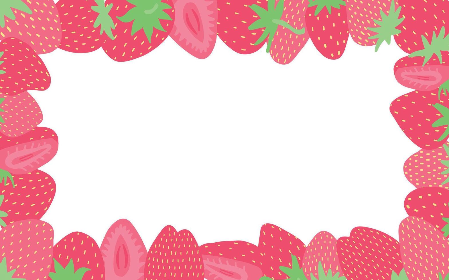 Bright strawberry frame with whole and halved berries, vibrant reds and greens, border illustration with space for text in the center. vector