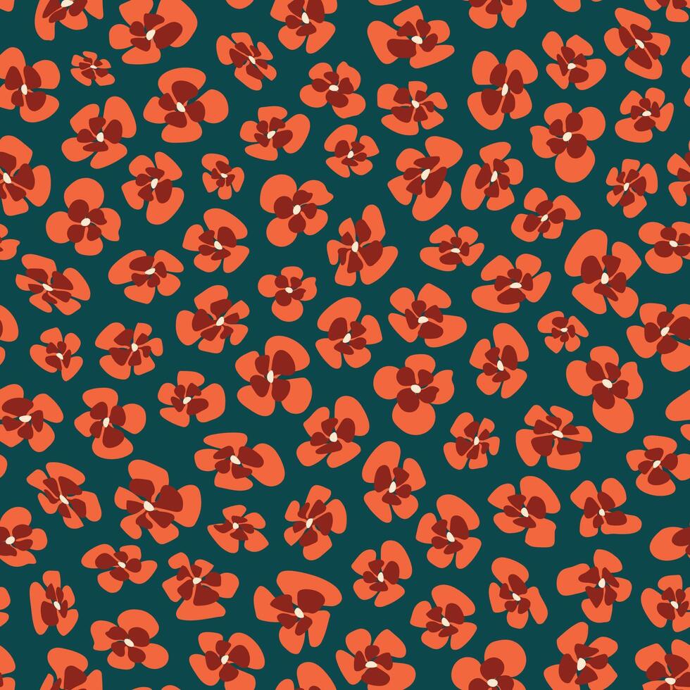 , seamless repeat, non directional pattern of small red poppies bloom on dark green blue background. vector