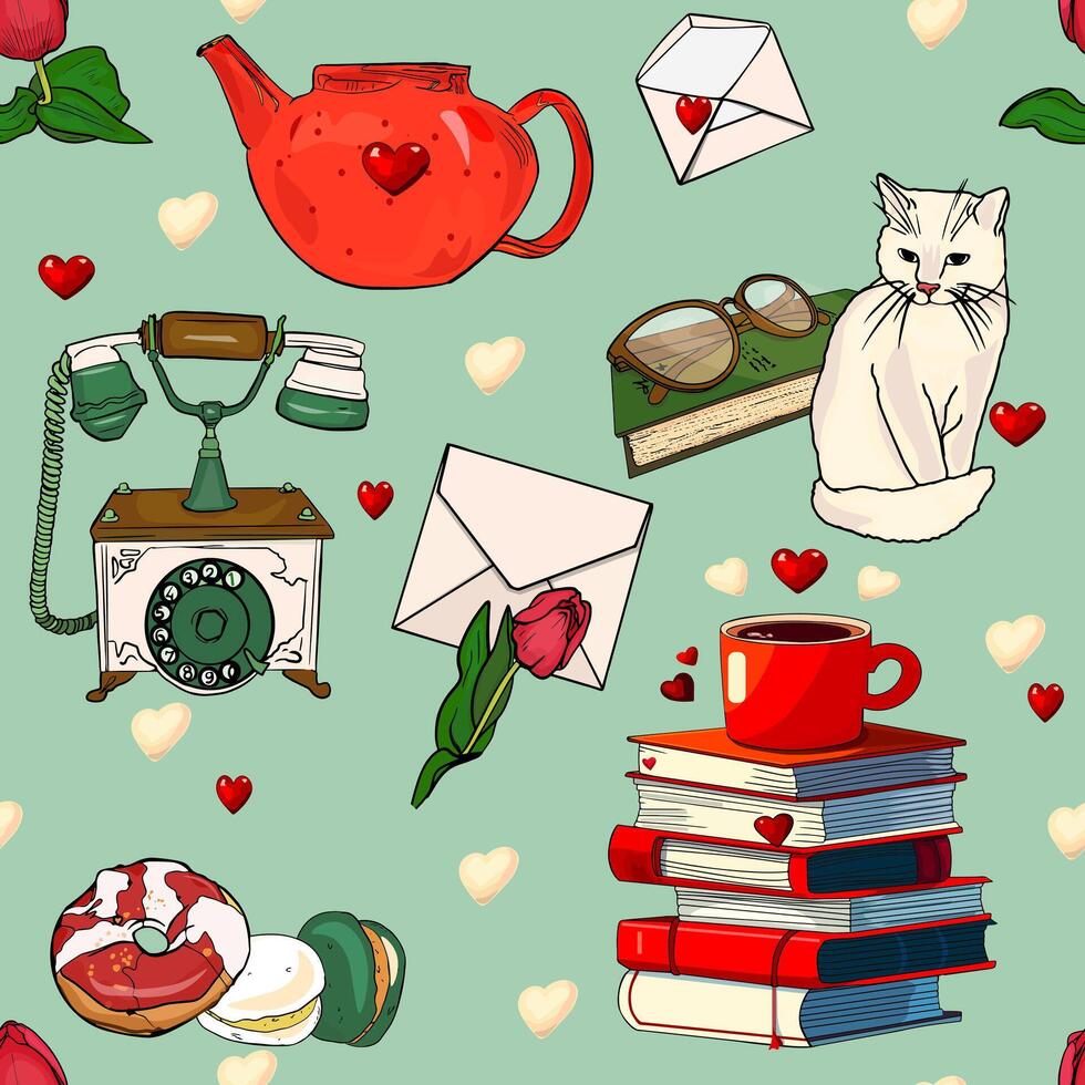 modelo con gatos y corazones. san valentin, libros, blanco gato en un sin costura ilustración para impresión. textiles, espacios en blanco para diseñadores vector