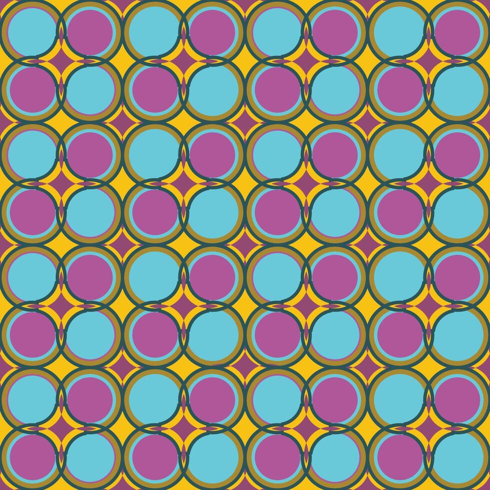 , seamless, geometric, symmetrical pattern of blue, purple circles on yellow background vector