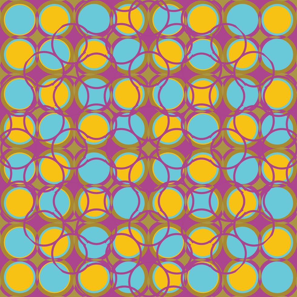 , sin costura, geométrico, clásico, simétrico modelo de azul, amarillo círculos en oscuro rosado antecedentes. 70s antecedentes modelo vector