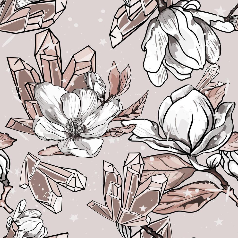 Magnolia brunch . Blooming magnolia and crystals pattern. Seamless illustration Print for wrapping paper, textiles, preparation for designers vector