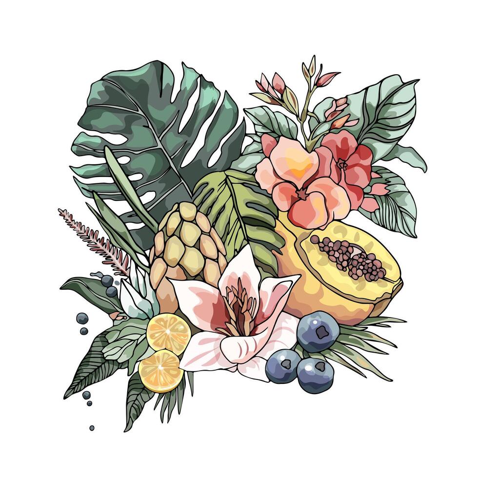 Fruit illustration. Tropical flowers and fruits. Lemon flowers and papaya isolated composition vector