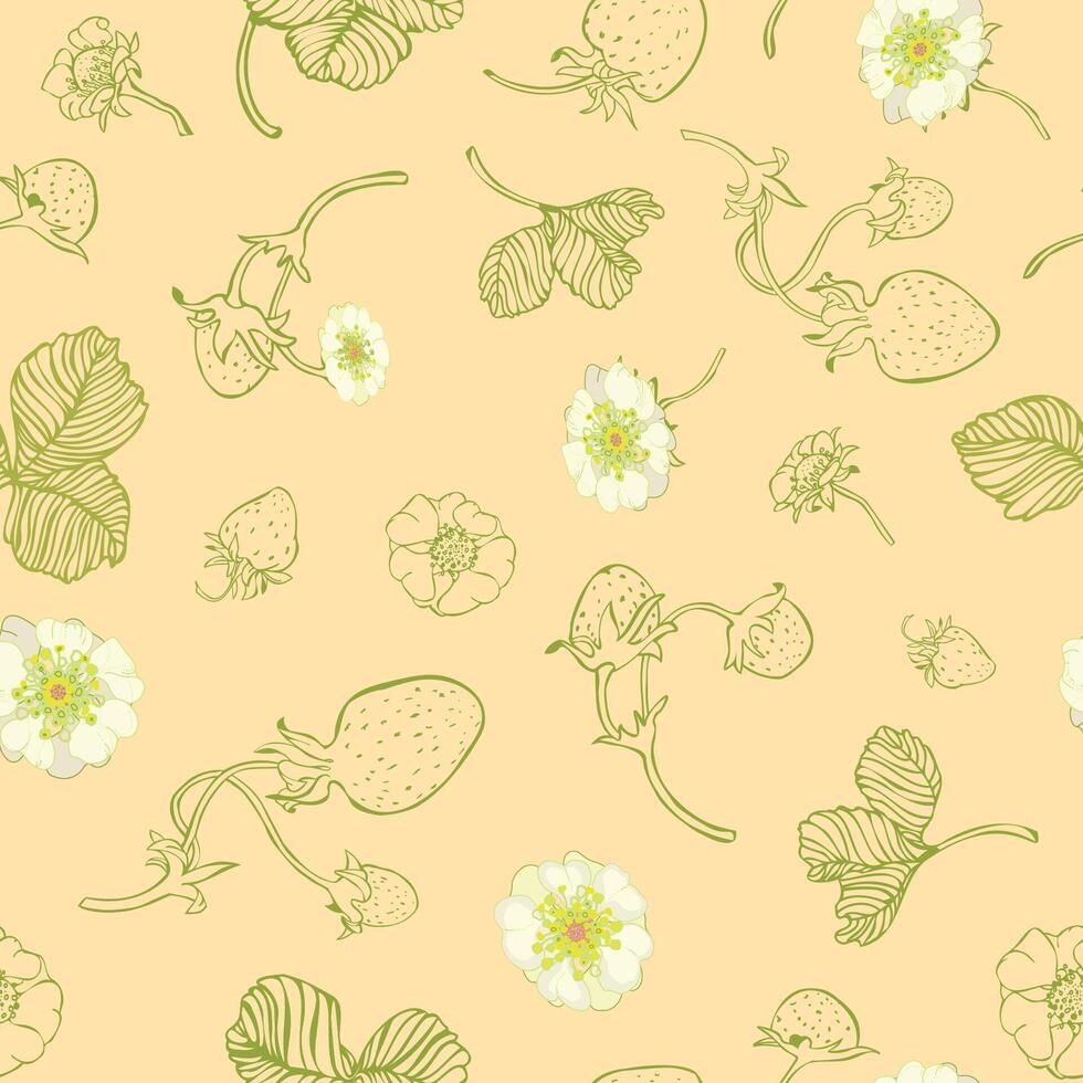 seamless pattern of a meadow of blooming strawberries and berries on a yellow background. Green line art. vector