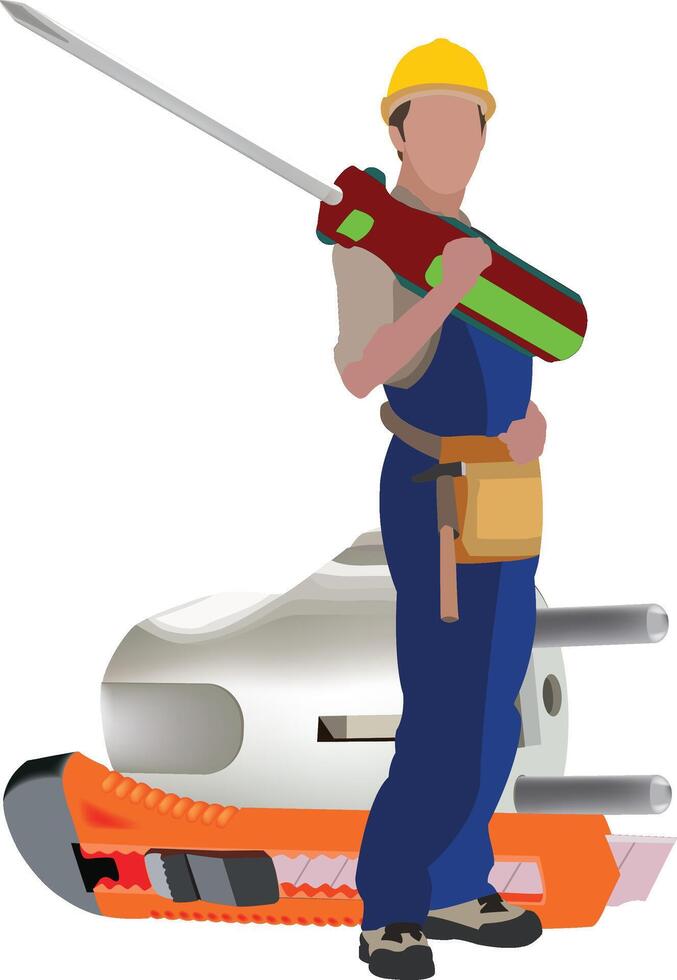 Illustrated electrician in helmet holding a large screwdriver with electrical equipment vector