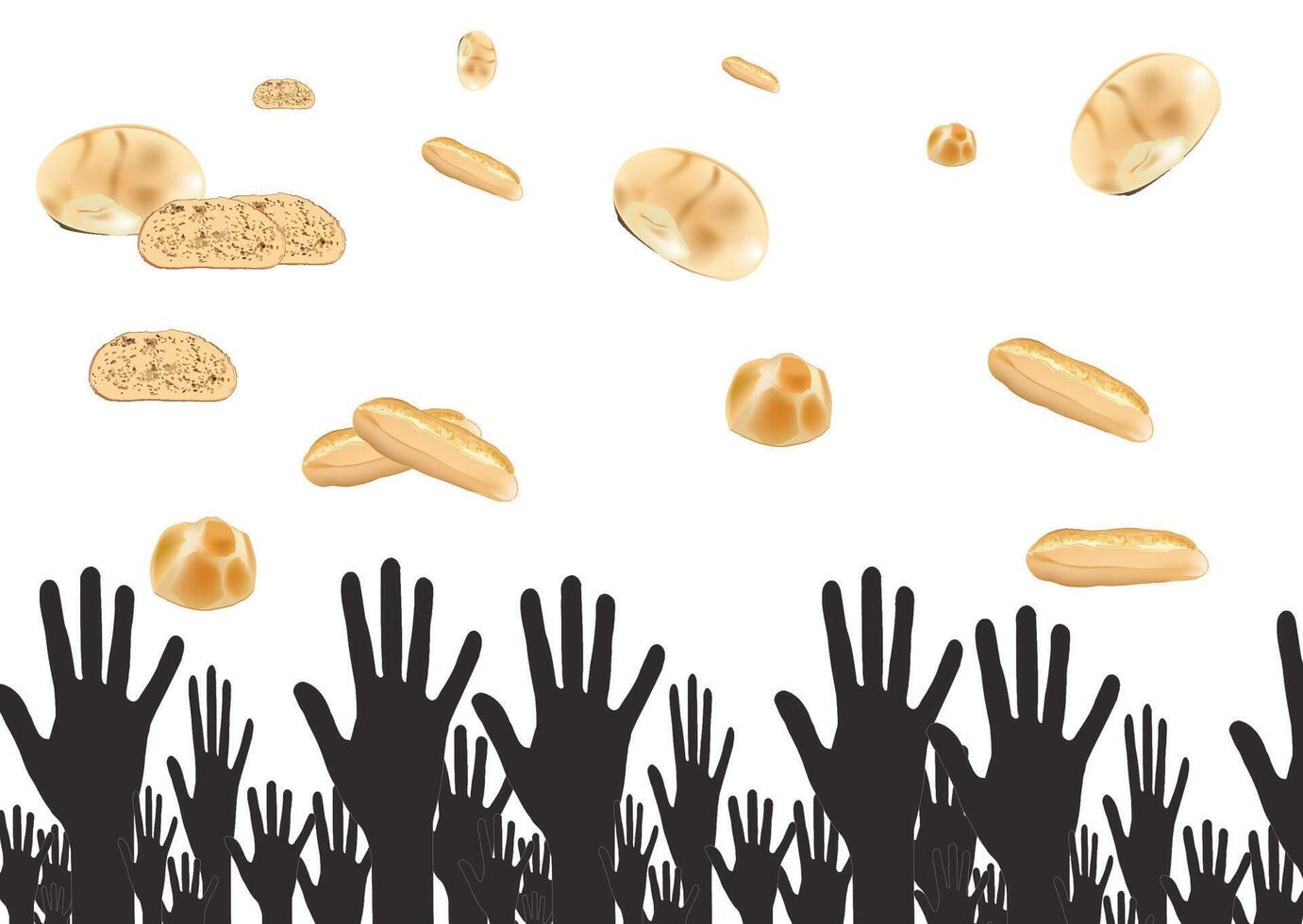 Graphic illustration of hands reaching for floating bread on a white background vector
