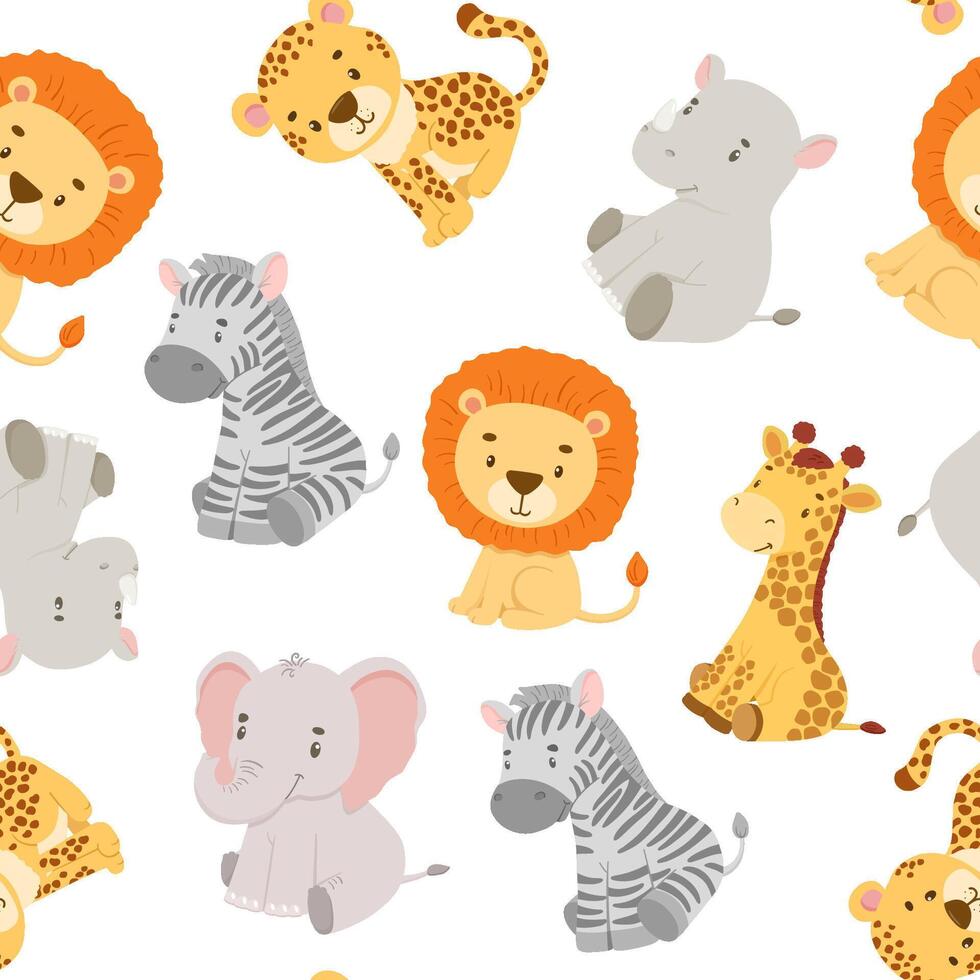 infantil sin costura modelo con safari animales linda elefante, leopardo y jirafa en dibujos animados estilo. africano bebé salvaje animales en blanco antecedentes. vector