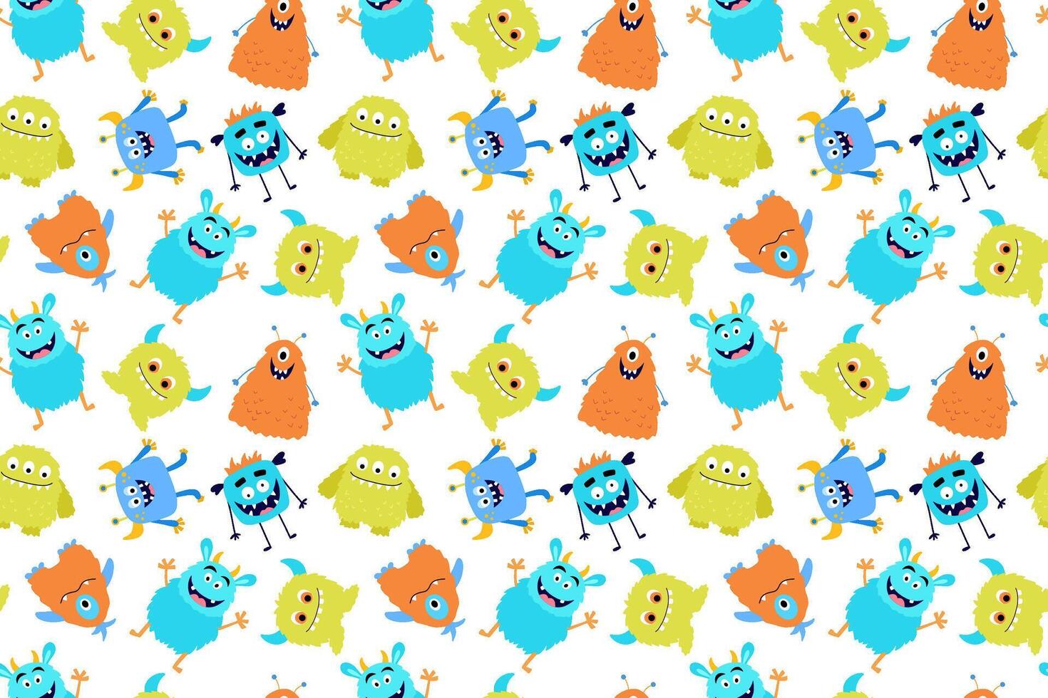 Seamless pattern with cute colorful monsters. Funny cool cartoon fluffy monster for childish cards and books. endless pattern on white background. vector