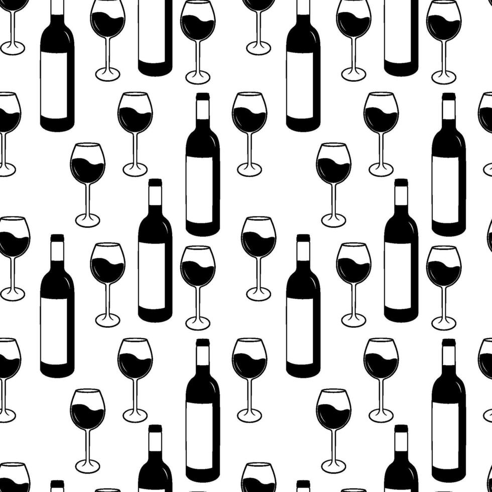 monocromo sin costura modelo con vino vaso y botella silueta. ilustración aislado en blanco antecedentes. vector