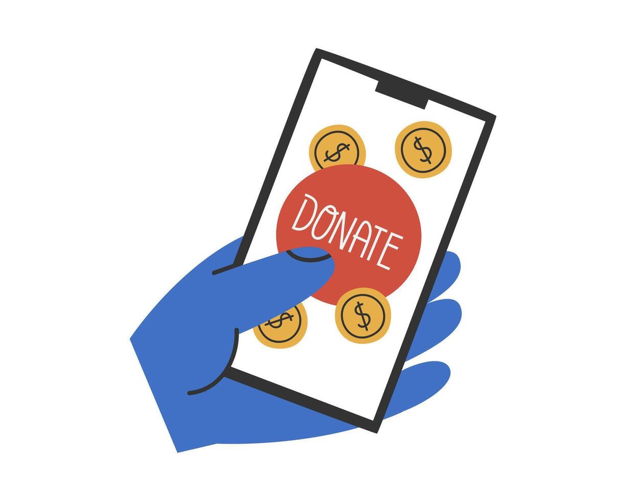 Hand drawn cute illustration of hand with phone and donate button. Flat online giving money to charity in simple colored doodle style. Philanthropy, volunteer sticker, icon or print. Isolated. vector