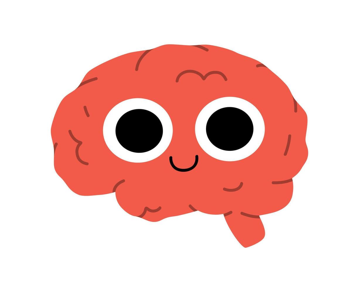 Hand drawn cute illustration human brain with smiling face. Flat organ, intellect symbol character in colored doodle style. Mental health, medicine sticker, icon or print. Isolated on white. vector