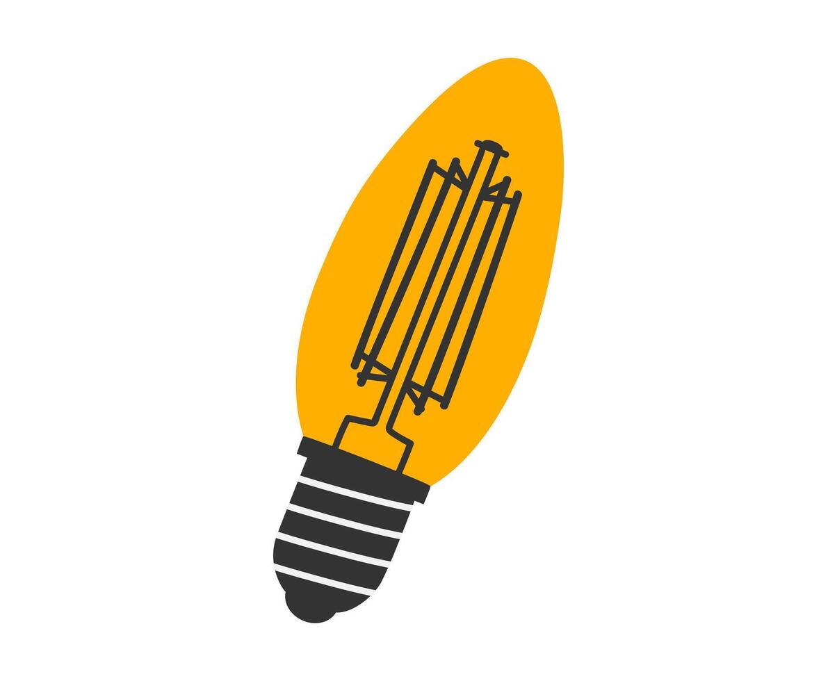 Hand drawn cartoon illustration of LED lamp in vintage style, glowing Edison light bulb. Light-emitting diode. Flat idea concept in doodle style. Energy saving device sticker, icon. Isolated. vector