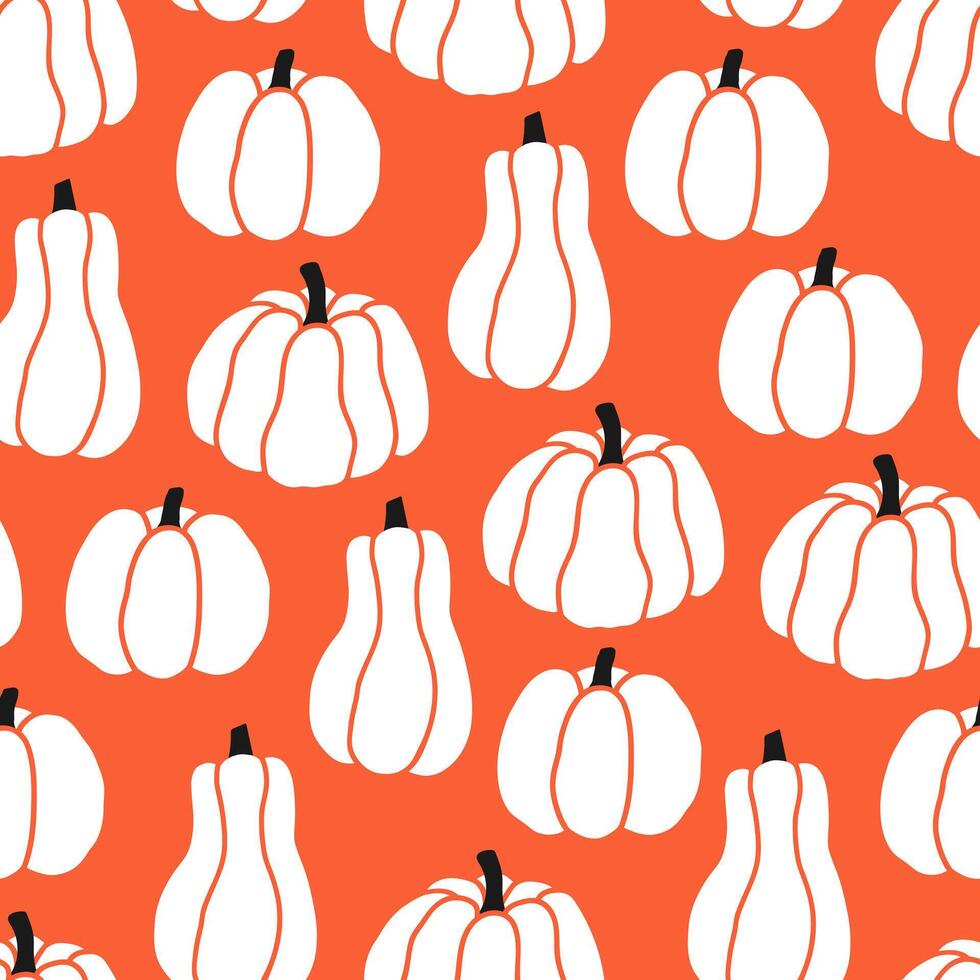 Hand drawn cute seamless pattern with pumpkins. Flat Halloween or Thanksgiving print in doodle style. Fall or autumn harvest. Repeated ripe farm vegetable background, wrapping or wallpaper. vector