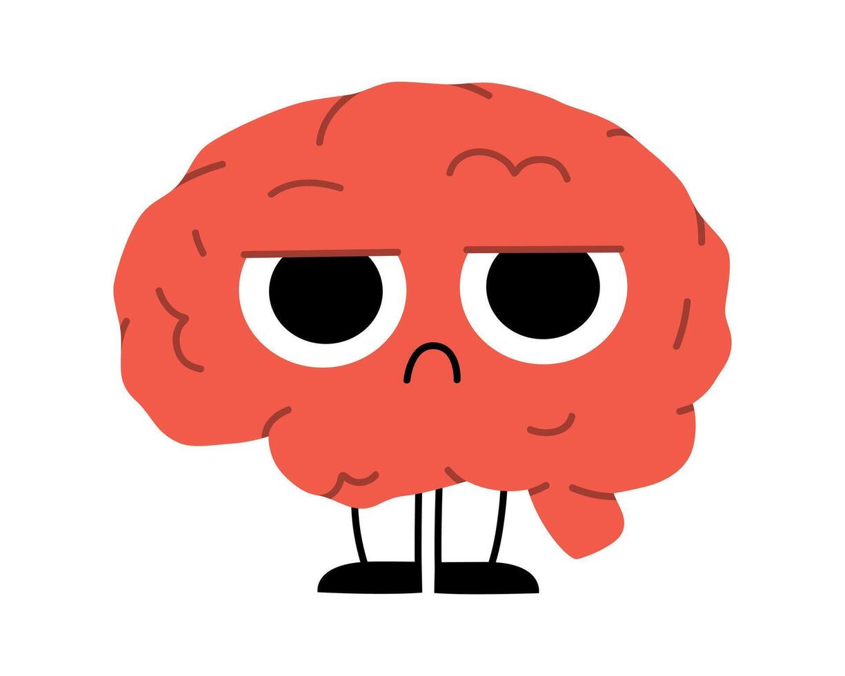 Hand drawn cute illustration human brain with dissatisfied face. Flat organ, intellect symbol character in colored doodle style. Mental health, negative thoughts sticker, icon. Isolated. vector