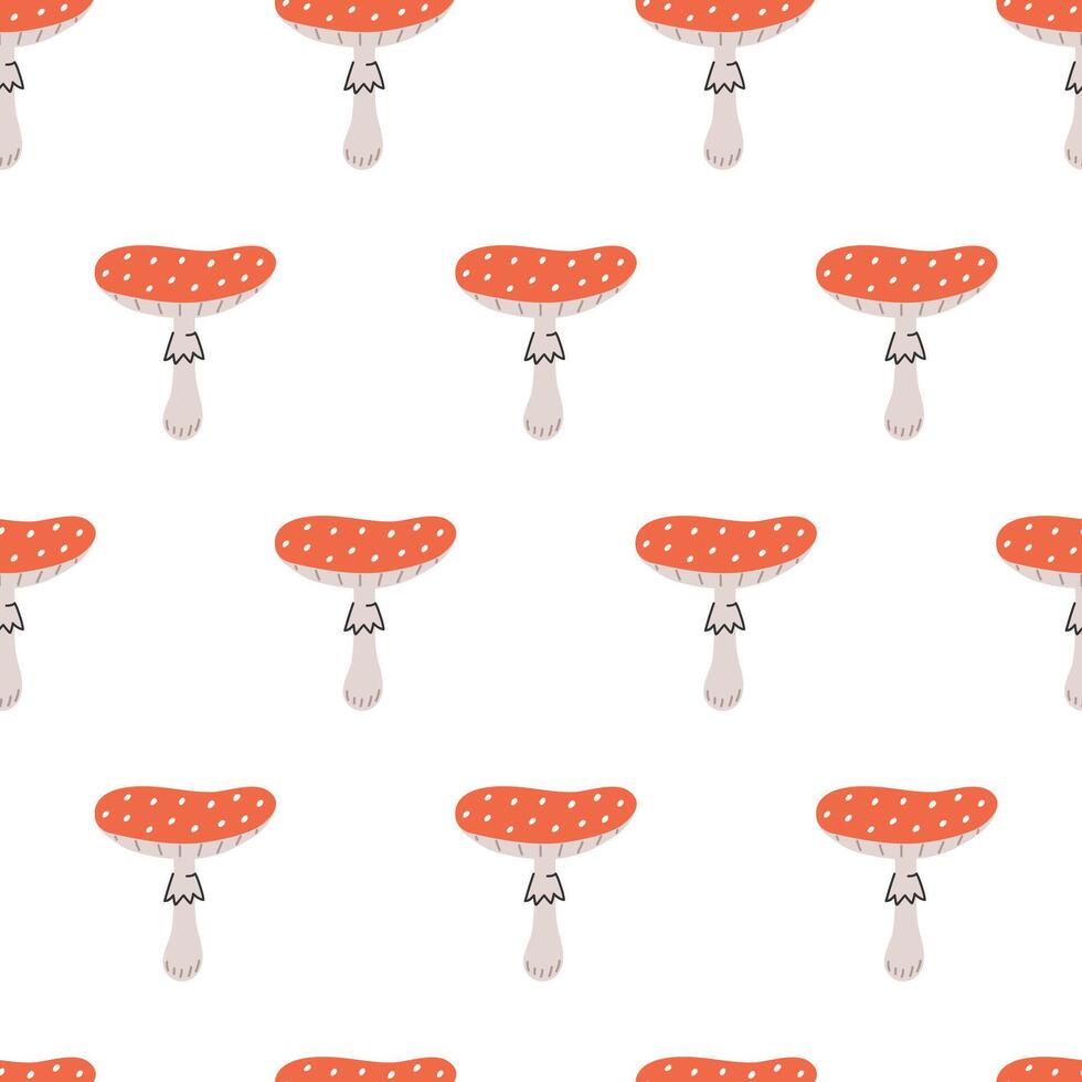 Hand drawn cute cartoon floral seamless pattern with amanita mushroom. Flat fly-agaric concept in colored doodle style. Repeated background forest, nature, autumn wrapping, wallpaper or print design. vector