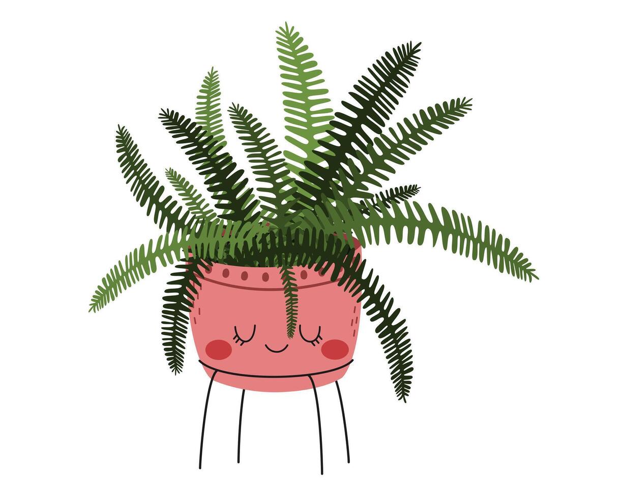Hand drawn cartoon illustration of smiling boston fern, sword fern in a flowerpot. Cute childish houseplant character. Nephrolepis exaltata. Flat nursery print. Isolated on white background. vector