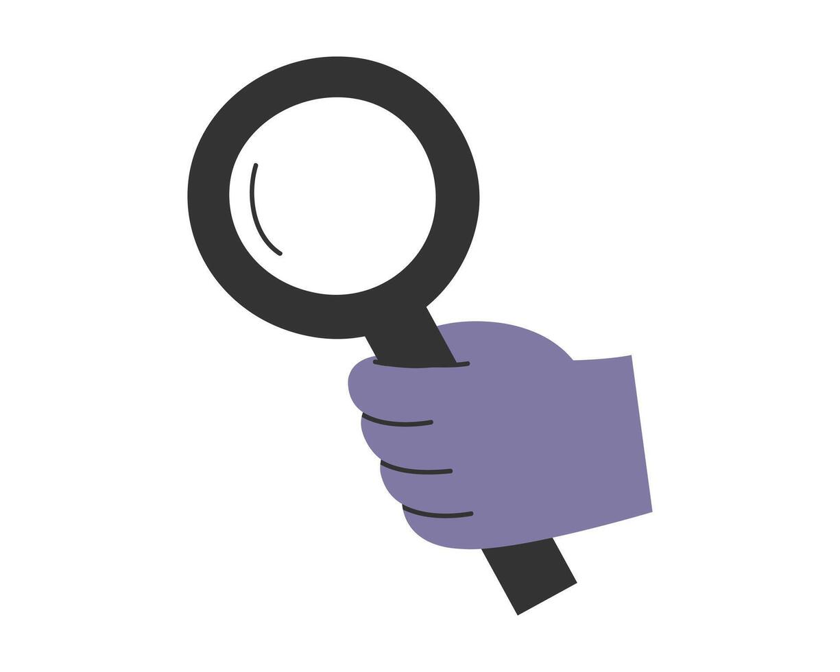 Hand drawn cute illustration of hand with magnifying glass. Flat study, analysis, examination, research in colored doodle style. Search for solution, answer sticker, icon or print. Isolated. vector