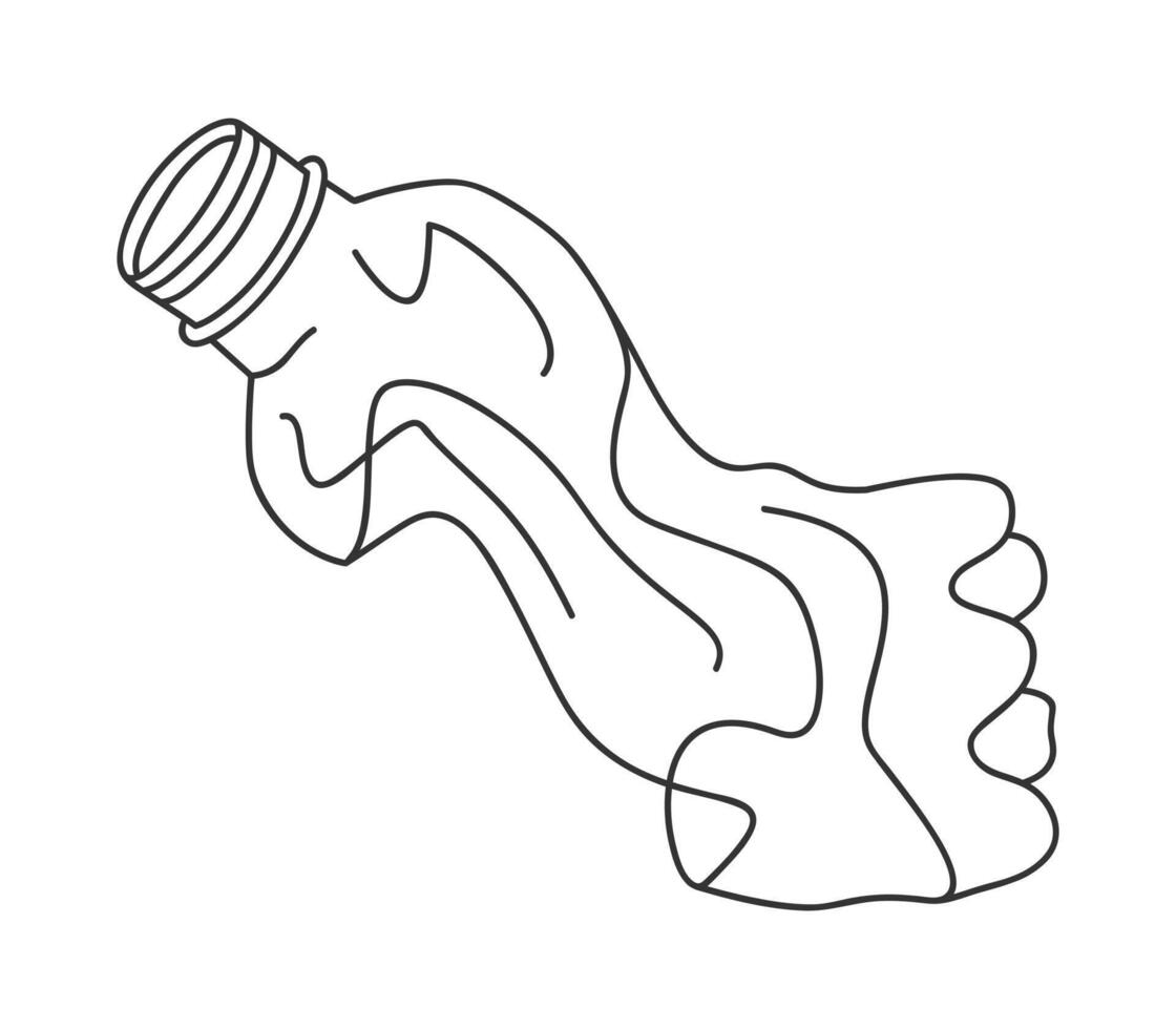 Hand drawn cute outline illustration of crumpled plastic bottle. Flat water package, garbage environmental pollution design in line doodle style. Ecology sticker, icon or print. Isolated. vector