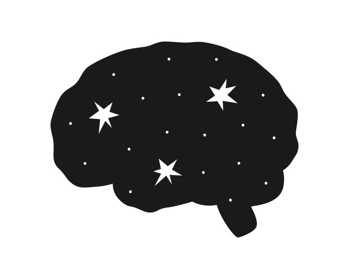 Hand drawn cute illustration of human brain with stars. Flat self love symbol in doodle style. Universe, cosmos inside. Mental health, medicine sticker, icon. Isolated on white background. vector